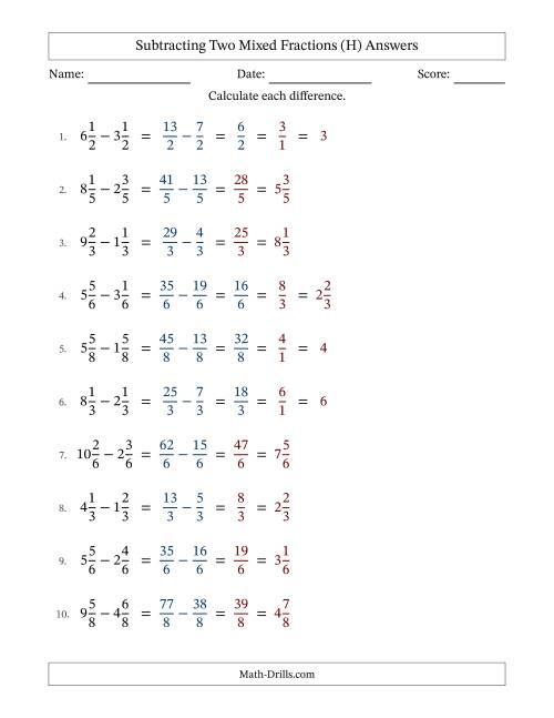 The Subtracting Two Mixed Fractions with Equal Denominators, Mixed Fractions Results and Some Simplifying (Fillable) (H) Math Worksheet Page 2