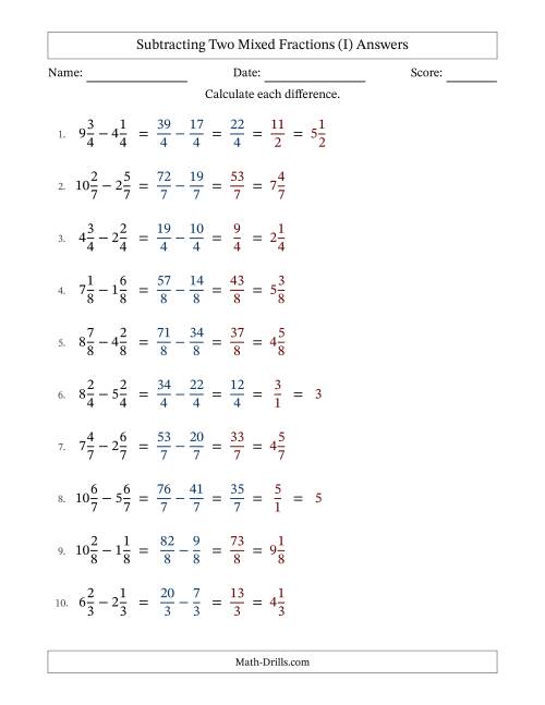 The Subtracting Two Mixed Fractions with Equal Denominators, Mixed Fractions Results and Some Simplifying (Fillable) (I) Math Worksheet Page 2
