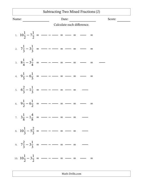 The Subtracting Two Mixed Fractions with Equal Denominators, Mixed Fractions Results and Some Simplifying (Fillable) (J) Math Worksheet