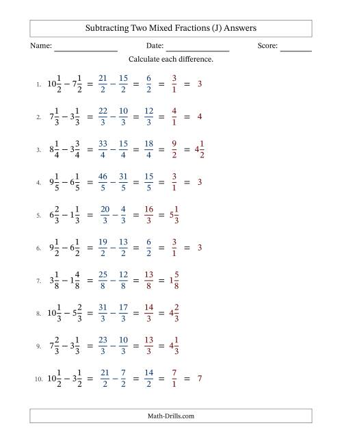 The Subtracting Two Mixed Fractions with Equal Denominators, Mixed Fractions Results and Some Simplifying (Fillable) (J) Math Worksheet Page 2