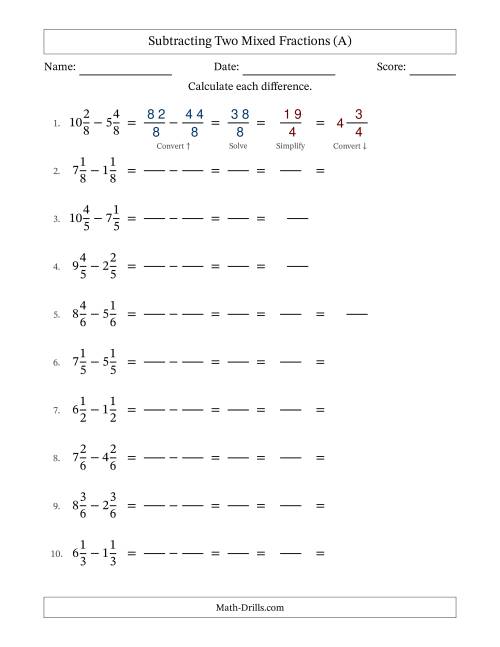 The Subtracting Two Mixed Fractions with Equal Denominators, Mixed Fractions Results and Some Simplifying (Fillable) (All) Math Worksheet