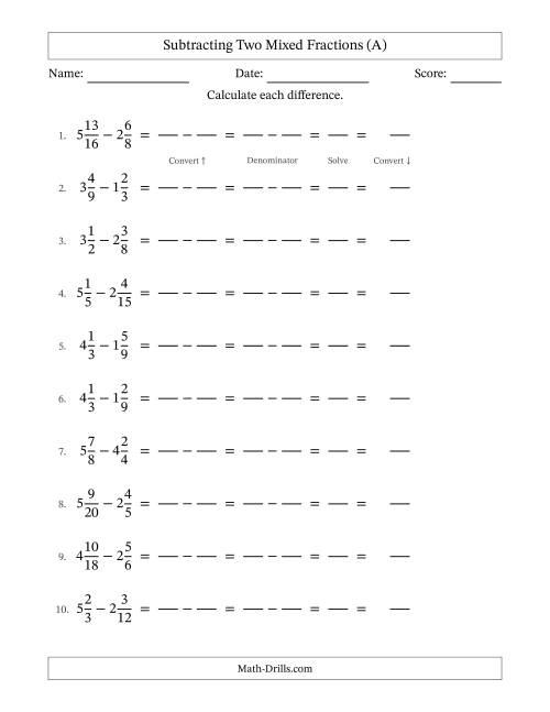 The Subtracting Two Mixed Fractions with Similar Denominators, Mixed Fractions Results and No Simplifying (Fillable) (A) Math Worksheet