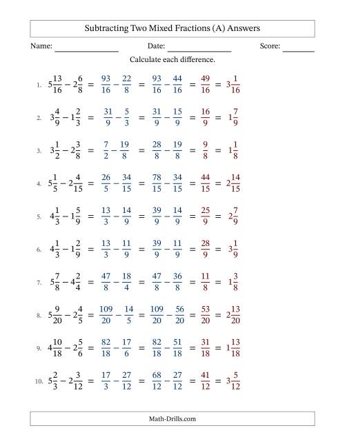 The Subtracting Two Mixed Fractions with Similar Denominators, Mixed Fractions Results and No Simplifying (Fillable) (A) Math Worksheet Page 2