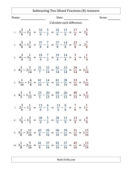 The Subtracting Two Mixed Fractions with Similar Denominators, Mixed Fractions Results and No Simplifying (Fillable) (B) Math Worksheet Page 2