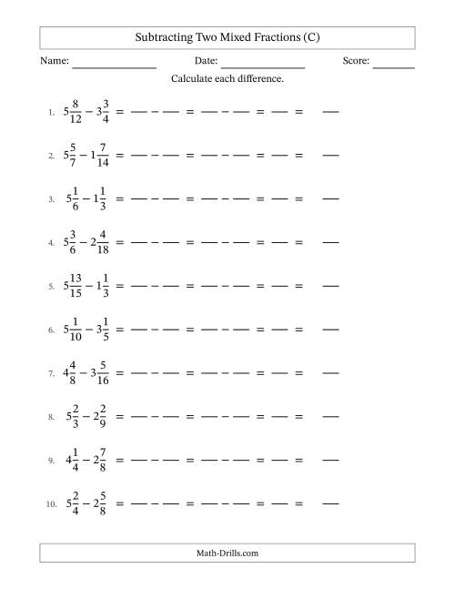 The Subtracting Two Mixed Fractions with Similar Denominators, Mixed Fractions Results and No Simplifying (Fillable) (C) Math Worksheet