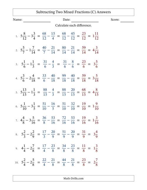 The Subtracting Two Mixed Fractions with Similar Denominators, Mixed Fractions Results and No Simplifying (Fillable) (C) Math Worksheet Page 2