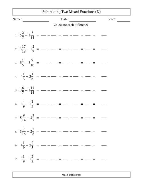 The Subtracting Two Mixed Fractions with Similar Denominators, Mixed Fractions Results and No Simplifying (Fillable) (D) Math Worksheet