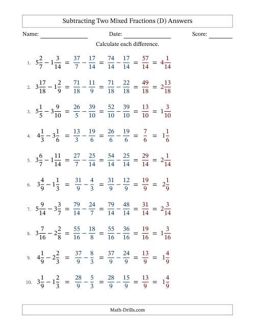 The Subtracting Two Mixed Fractions with Similar Denominators, Mixed Fractions Results and No Simplifying (Fillable) (D) Math Worksheet Page 2