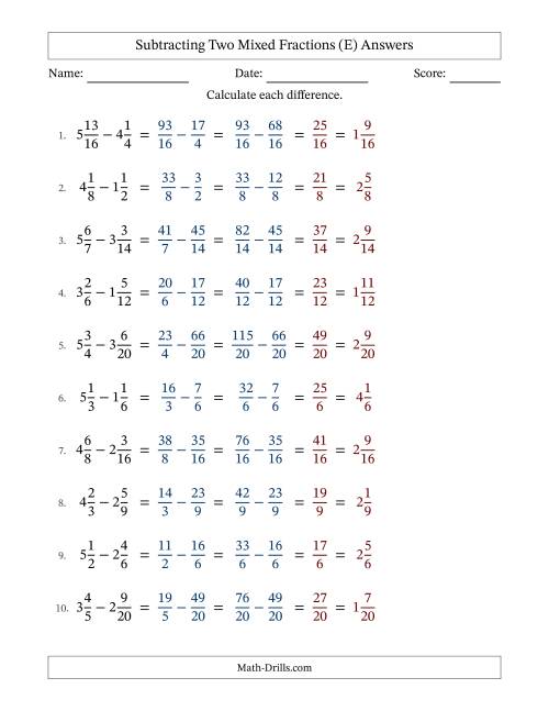 The Subtracting Two Mixed Fractions with Similar Denominators, Mixed Fractions Results and No Simplifying (Fillable) (E) Math Worksheet Page 2