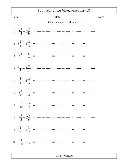 The Subtracting Two Mixed Fractions with Similar Denominators, Mixed Fractions Results and No Simplifying (Fillable) (G) Math Worksheet