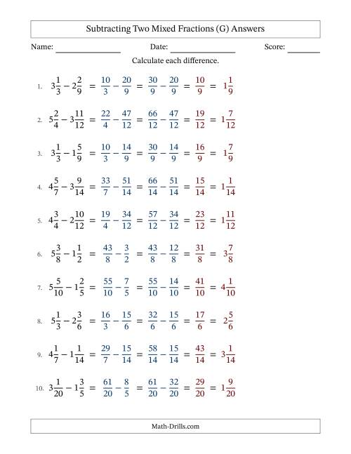 The Subtracting Two Mixed Fractions with Similar Denominators, Mixed Fractions Results and No Simplifying (Fillable) (G) Math Worksheet Page 2