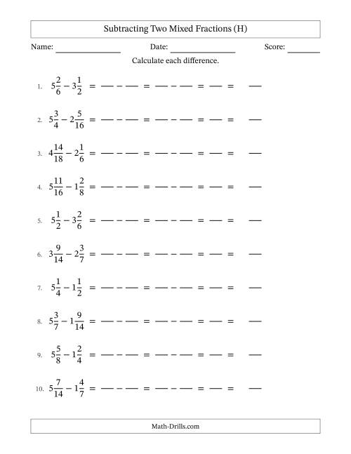 The Subtracting Two Mixed Fractions with Similar Denominators, Mixed Fractions Results and No Simplifying (Fillable) (H) Math Worksheet