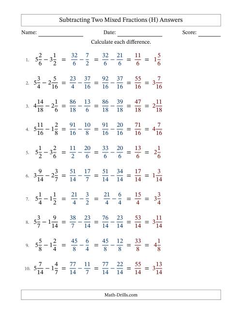 The Subtracting Two Mixed Fractions with Similar Denominators, Mixed Fractions Results and No Simplifying (Fillable) (H) Math Worksheet Page 2