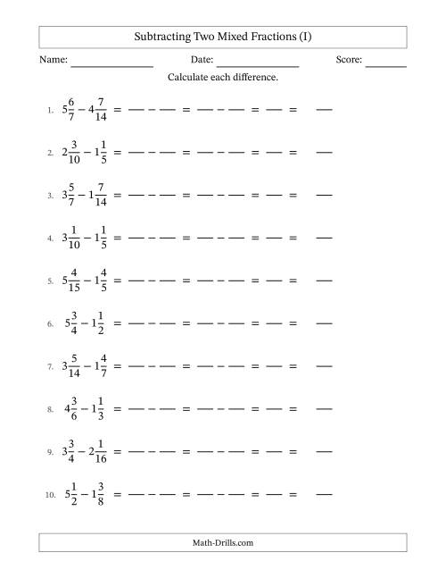 The Subtracting Two Mixed Fractions with Similar Denominators, Mixed Fractions Results and No Simplifying (Fillable) (I) Math Worksheet