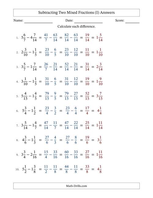 The Subtracting Two Mixed Fractions with Similar Denominators, Mixed Fractions Results and No Simplifying (Fillable) (I) Math Worksheet Page 2