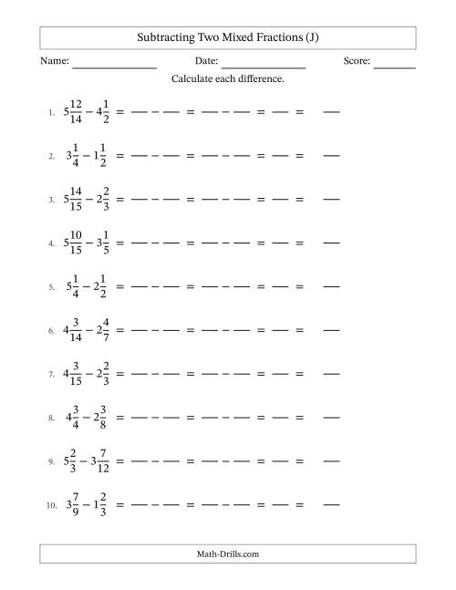 The Subtracting Two Mixed Fractions with Similar Denominators, Mixed Fractions Results and No Simplifying (Fillable) (J) Math Worksheet