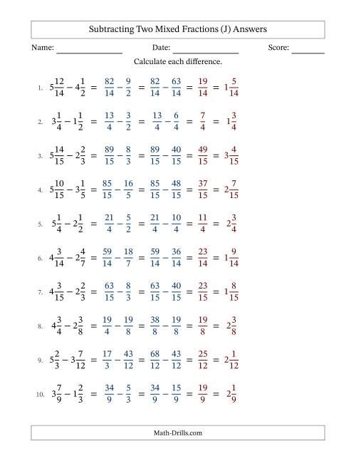 The Subtracting Two Mixed Fractions with Similar Denominators, Mixed Fractions Results and No Simplifying (Fillable) (J) Math Worksheet Page 2