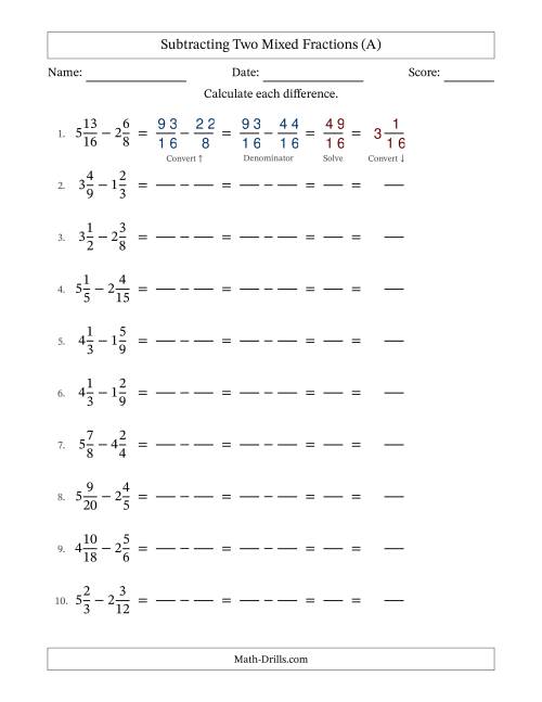 The Subtracting Two Mixed Fractions with Similar Denominators, Mixed Fractions Results and No Simplifying (Fillable) (All) Math Worksheet