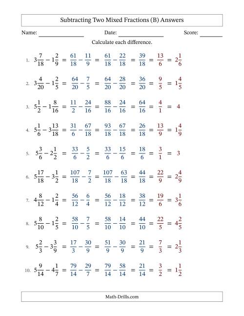 The Subtracting Two Mixed Fractions with Similar Denominators, Mixed Fractions Results and All Simplifying (Fillable) (B) Math Worksheet Page 2
