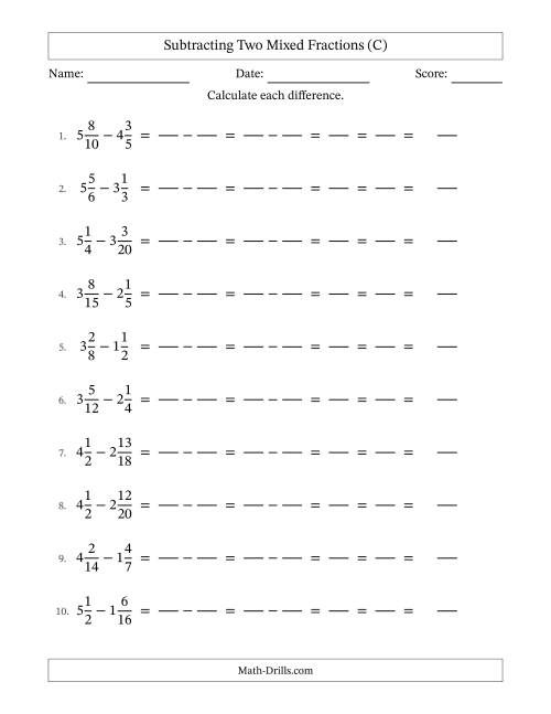 The Subtracting Two Mixed Fractions with Similar Denominators, Mixed Fractions Results and All Simplifying (Fillable) (C) Math Worksheet
