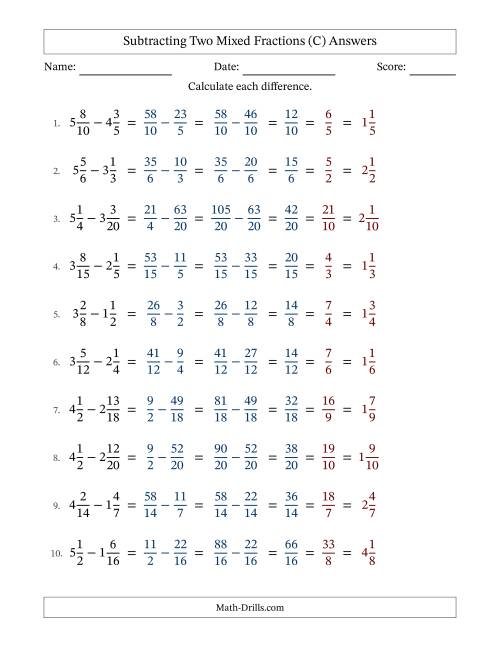The Subtracting Two Mixed Fractions with Similar Denominators, Mixed Fractions Results and All Simplifying (Fillable) (C) Math Worksheet Page 2