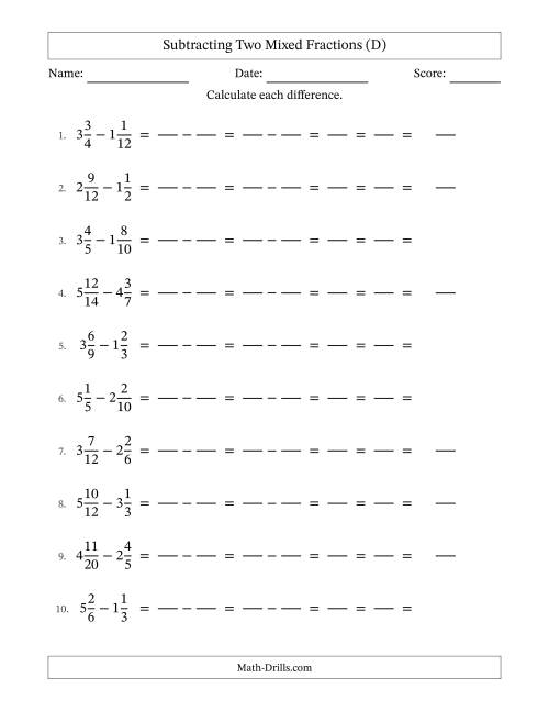 The Subtracting Two Mixed Fractions with Similar Denominators, Mixed Fractions Results and All Simplifying (Fillable) (D) Math Worksheet