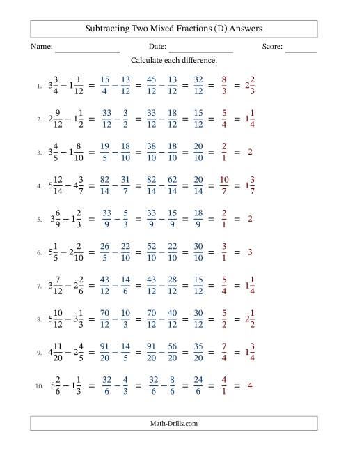 The Subtracting Two Mixed Fractions with Similar Denominators, Mixed Fractions Results and All Simplifying (Fillable) (D) Math Worksheet Page 2