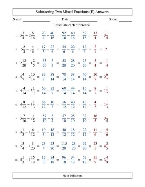The Subtracting Two Mixed Fractions with Similar Denominators, Mixed Fractions Results and All Simplifying (Fillable) (E) Math Worksheet Page 2