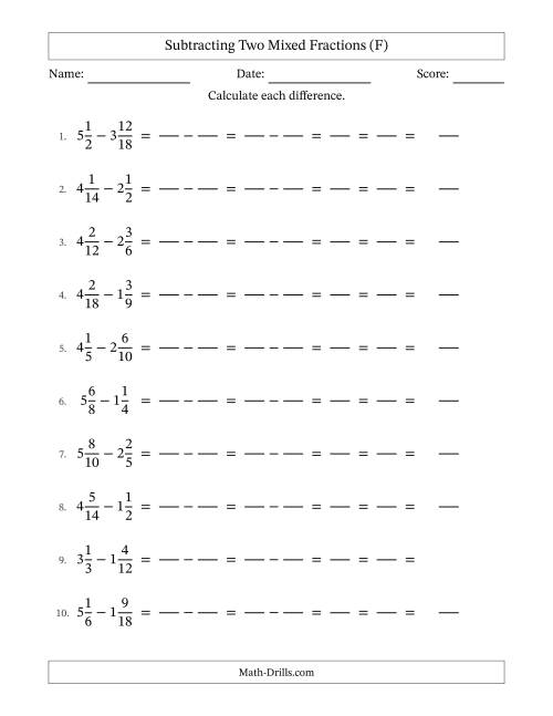The Subtracting Two Mixed Fractions with Similar Denominators, Mixed Fractions Results and All Simplifying (Fillable) (F) Math Worksheet