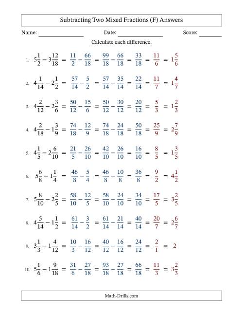 The Subtracting Two Mixed Fractions with Similar Denominators, Mixed Fractions Results and All Simplifying (Fillable) (F) Math Worksheet Page 2