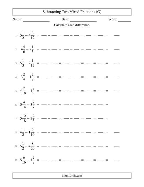 The Subtracting Two Mixed Fractions with Similar Denominators, Mixed Fractions Results and All Simplifying (Fillable) (G) Math Worksheet