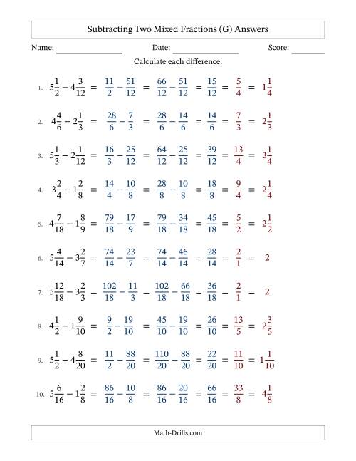 The Subtracting Two Mixed Fractions with Similar Denominators, Mixed Fractions Results and All Simplifying (Fillable) (G) Math Worksheet Page 2