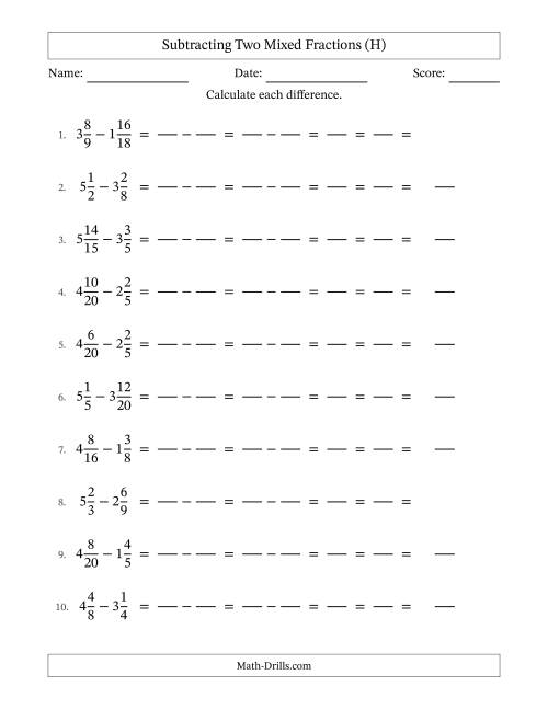 The Subtracting Two Mixed Fractions with Similar Denominators, Mixed Fractions Results and All Simplifying (Fillable) (H) Math Worksheet
