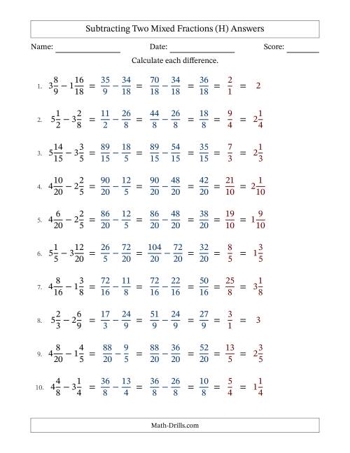 The Subtracting Two Mixed Fractions with Similar Denominators, Mixed Fractions Results and All Simplifying (Fillable) (H) Math Worksheet Page 2