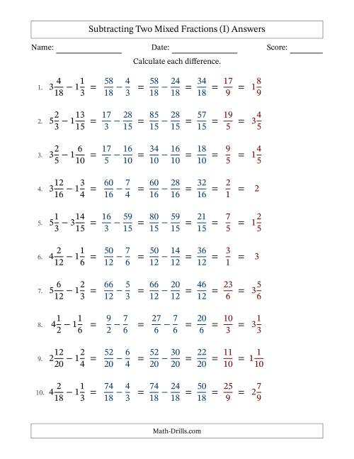 The Subtracting Two Mixed Fractions with Similar Denominators, Mixed Fractions Results and All Simplifying (Fillable) (I) Math Worksheet Page 2