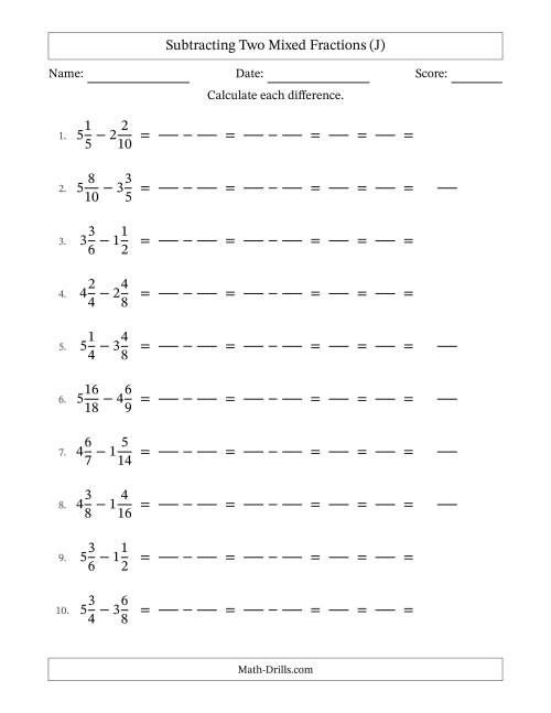 The Subtracting Two Mixed Fractions with Similar Denominators, Mixed Fractions Results and All Simplifying (Fillable) (J) Math Worksheet