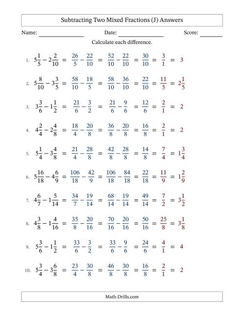 The Subtracting Two Mixed Fractions with Similar Denominators, Mixed Fractions Results and All Simplifying (Fillable) (J) Math Worksheet Page 2