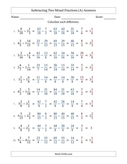 The Subtracting Two Mixed Fractions with Similar Denominators, Mixed Fractions Results and All Simplifying (Fillable) (All) Math Worksheet Page 2
