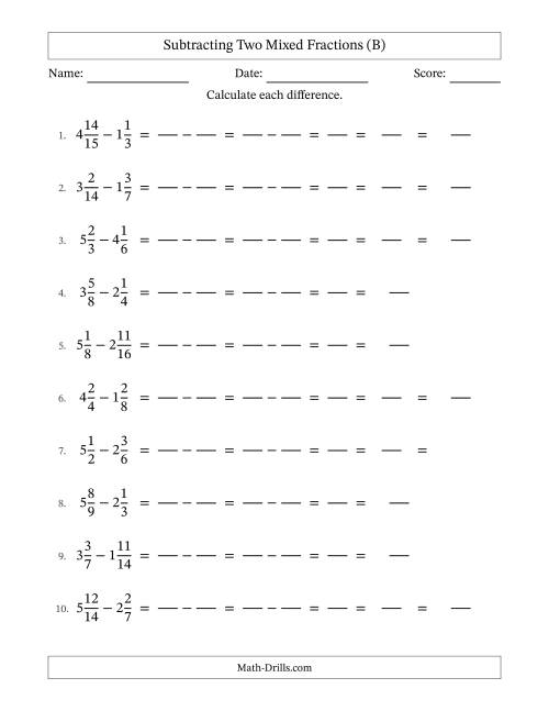 The Subtracting Two Mixed Fractions with Similar Denominators, Mixed Fractions Results and Some Simplifying (Fillable) (B) Math Worksheet