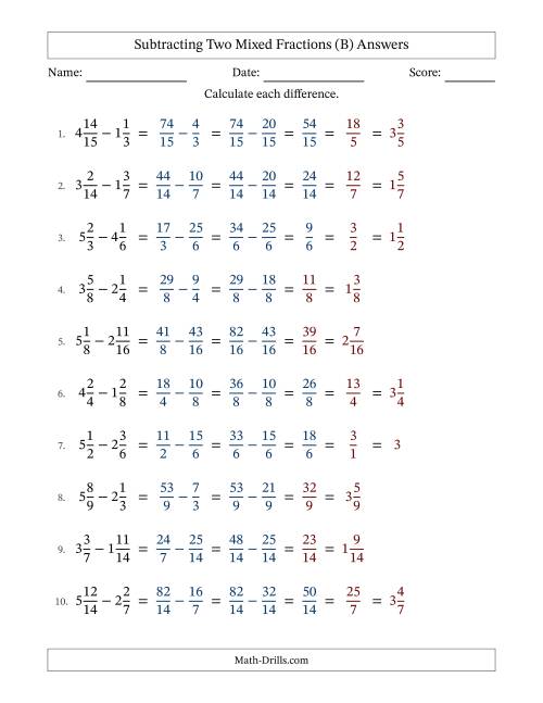 The Subtracting Two Mixed Fractions with Similar Denominators, Mixed Fractions Results and Some Simplifying (Fillable) (B) Math Worksheet Page 2