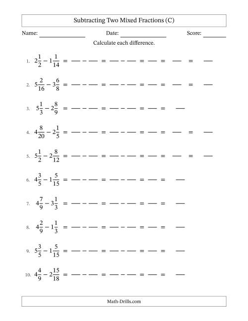 The Subtracting Two Mixed Fractions with Similar Denominators, Mixed Fractions Results and Some Simplifying (Fillable) (C) Math Worksheet