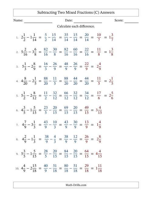 The Subtracting Two Mixed Fractions with Similar Denominators, Mixed Fractions Results and Some Simplifying (Fillable) (C) Math Worksheet Page 2