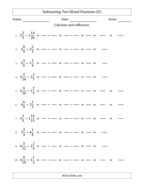 The Subtracting Two Mixed Fractions with Similar Denominators, Mixed Fractions Results and Some Simplifying (Fillable) (D) Math Worksheet
