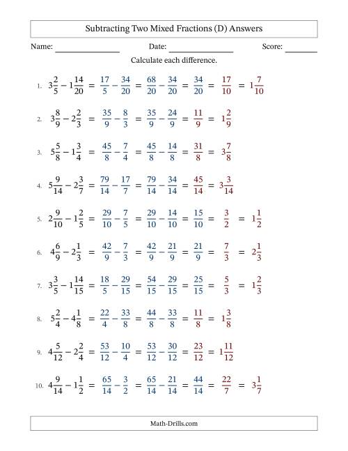 The Subtracting Two Mixed Fractions with Similar Denominators, Mixed Fractions Results and Some Simplifying (Fillable) (D) Math Worksheet Page 2