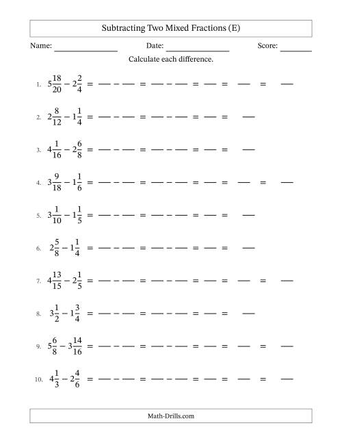 The Subtracting Two Mixed Fractions with Similar Denominators, Mixed Fractions Results and Some Simplifying (Fillable) (E) Math Worksheet