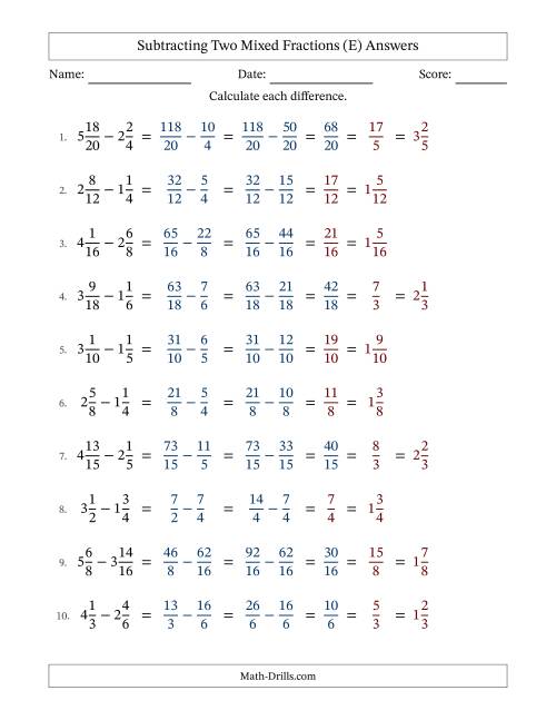 The Subtracting Two Mixed Fractions with Similar Denominators, Mixed Fractions Results and Some Simplifying (Fillable) (E) Math Worksheet Page 2