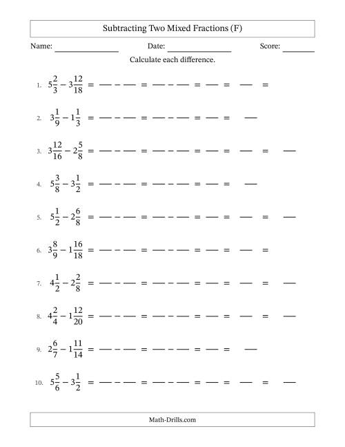 The Subtracting Two Mixed Fractions with Similar Denominators, Mixed Fractions Results and Some Simplifying (Fillable) (F) Math Worksheet