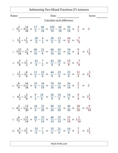 The Subtracting Two Mixed Fractions with Similar Denominators, Mixed Fractions Results and Some Simplifying (Fillable) (F) Math Worksheet Page 2