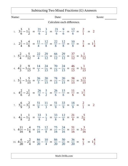 The Subtracting Two Mixed Fractions with Similar Denominators, Mixed Fractions Results and Some Simplifying (Fillable) (G) Math Worksheet Page 2