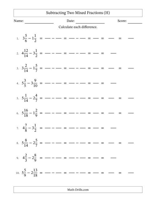 The Subtracting Two Mixed Fractions with Similar Denominators, Mixed Fractions Results and Some Simplifying (Fillable) (H) Math Worksheet